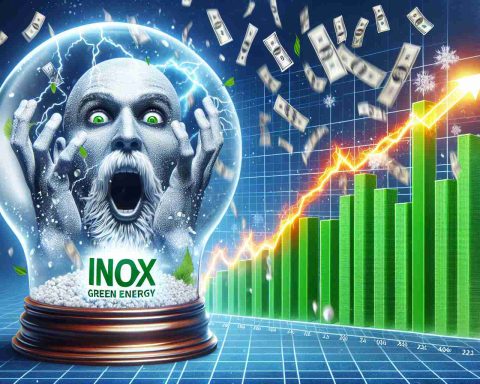 Generate a realistic, high-definition image of an unexpected surge in a green energy company named Inox Green Energy. The image should convey a sense of surprise among investors. Perhaps it can depict glaring stock market graphs and charts illustrating an unexpected rise, alongside symbolic elements such as a shaken up snow globe or lightning bolt.